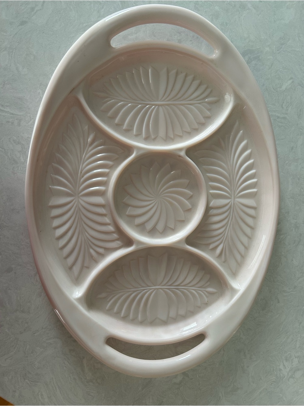 Vintage Jeannette Shell Pink Milk Glass Oval Platter / Serving Tray